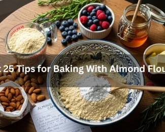 A visually engaging image highlighting 25 top tips for using almond flour in baking, with a clean layout and easy-to-read font.