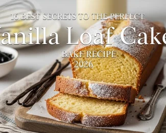 A vanilla leaf cake recipe displayed on a wooden table with ingredients and baking tools arranged around it.-vanila loaf cake