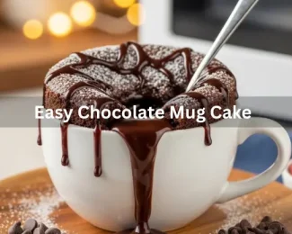 A rich chocolate mug cake topped with a dusting of powdered sugar, served in a white mug on a wooden table-Why Everyone Loves an Easy Chocolate Mug Cake